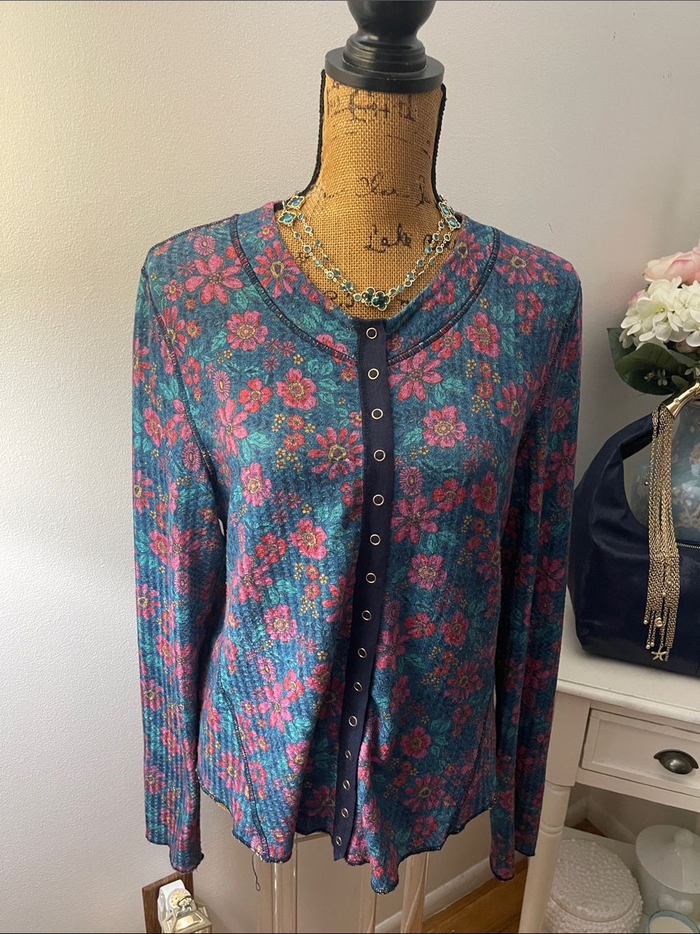 NATURAL LIFE Teal Floral Button-Front Cardigan with Pink Blooms